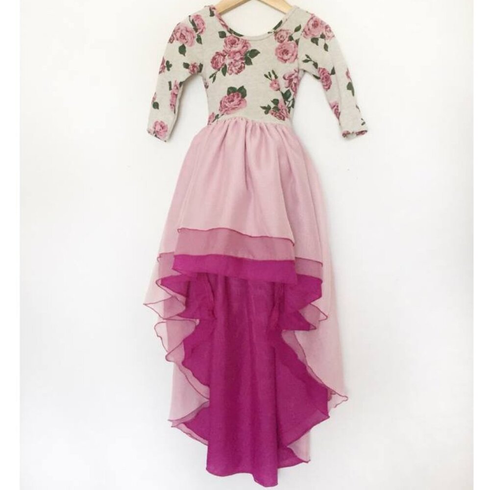 Girls Pleiades Designs Wild Rose Long Sleeve Ballerina Pink Ombre Hi Lo Dress 7
